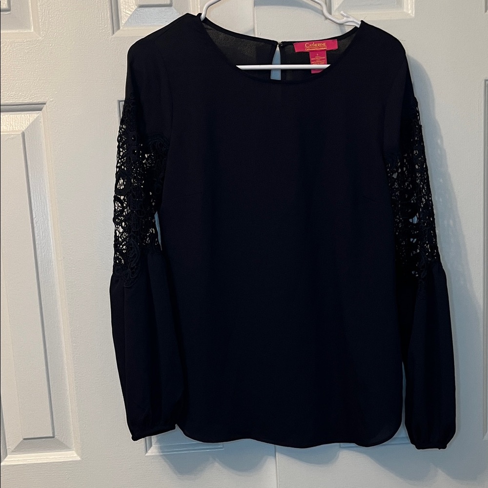 Catherine Malandrino‎ Navy Blue Lace Long Sleeve Blouse Keyhole Back Size S
